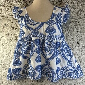 Blue White Babydoll Top Ruffle Sleeve Boho Flowy Floral Embroidery Size Medium